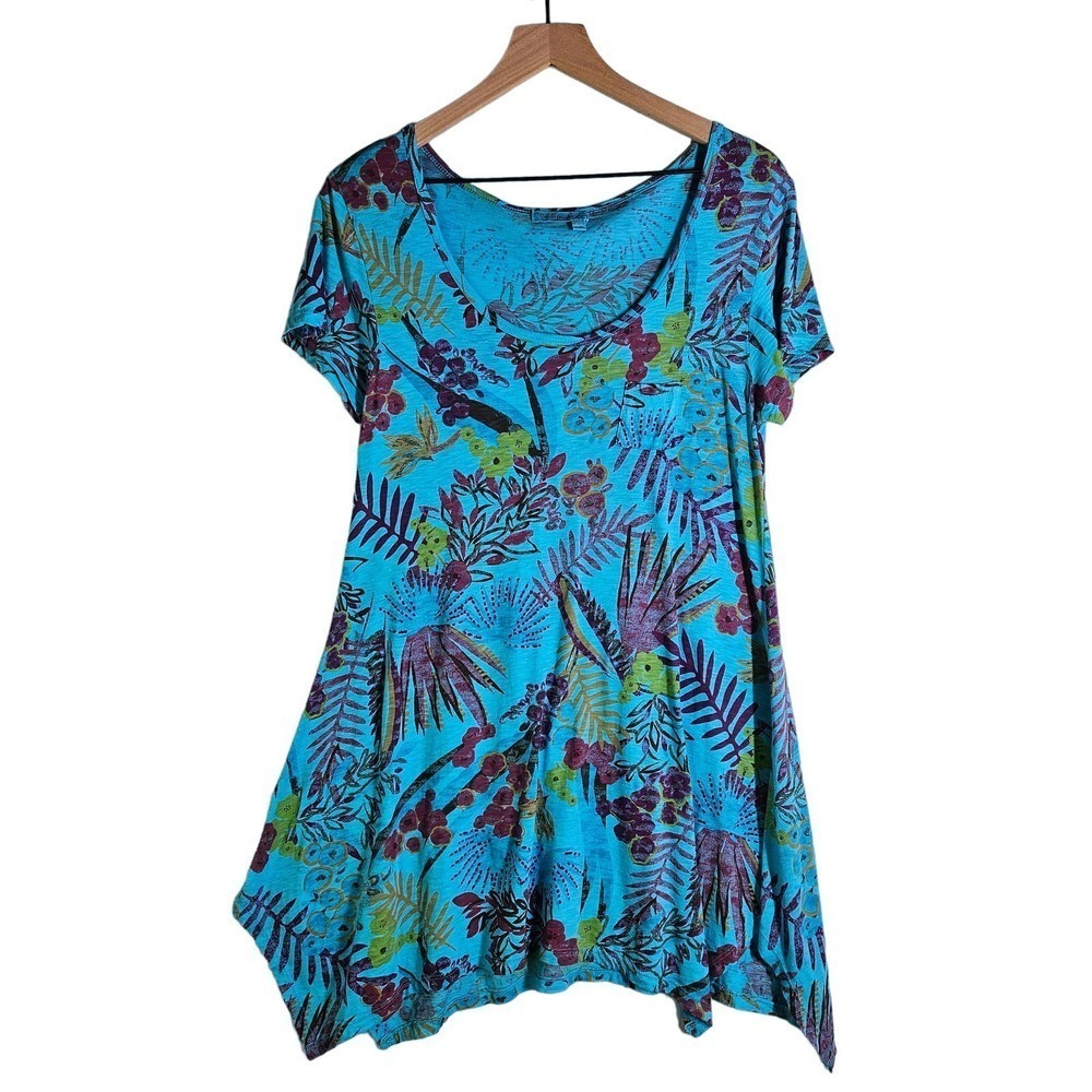 Fresh Produce Botanical Berry Print Tunic Top S Aqua Blue Lightweight Cotton